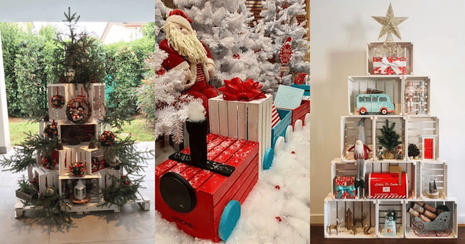 decoracao de natal feita com caixotes de madeira