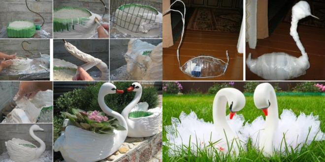 decoracao do jardim com cisnes de material reciclado