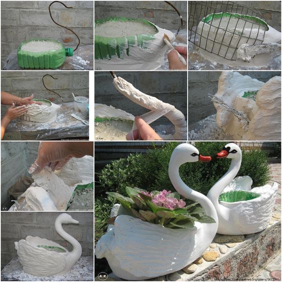 decoracao do jardim com cisnes de material reciclado 8