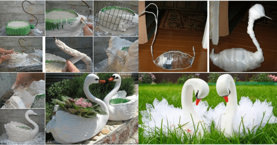 decoracao do jardim com cisnes de material reciclado