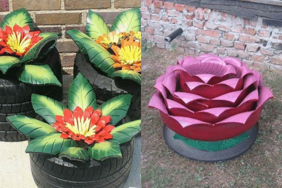 floreiras de flores feitas com pneus
