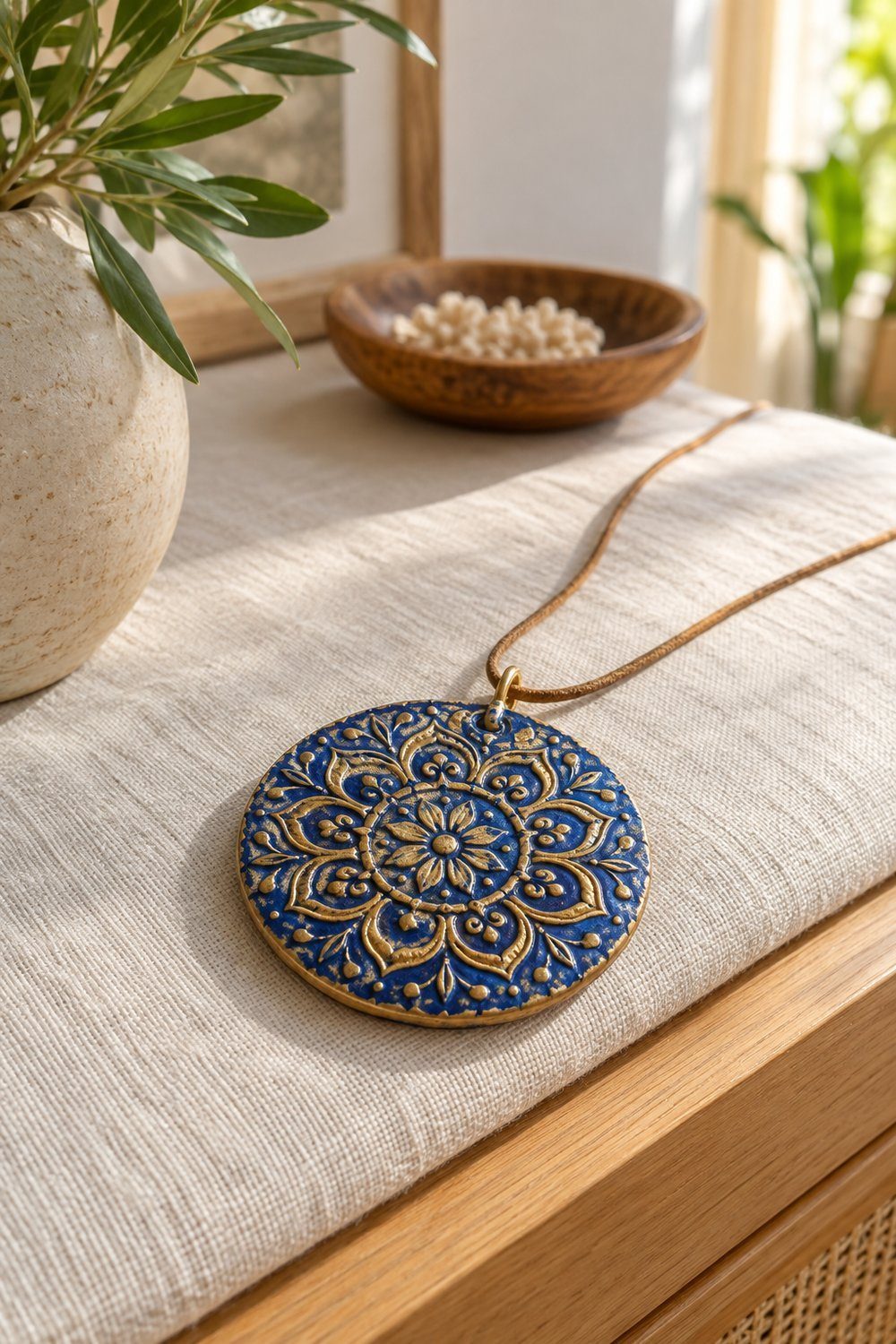 Pingente redondo de argila com desenho em relevo e detalhe metálico