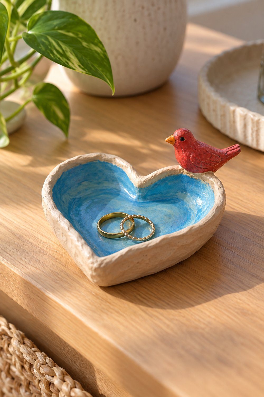 Cumbuca decorativa de coração com passarinho vermelho e fundo pintado de azul