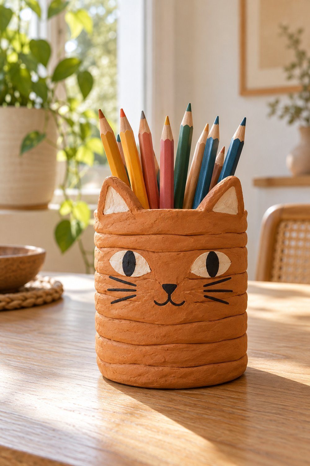Porta-lápis de argila ocre com rosto de gato e orelhas modeladas