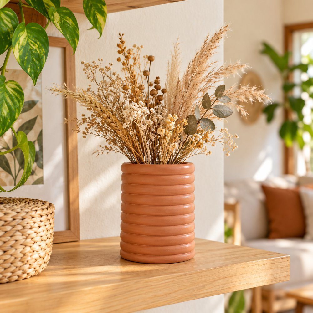 Vaso seco selado com flores secas e sem água no interior